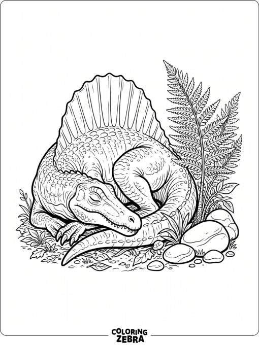 A sleeping spinosaurus beside a fern