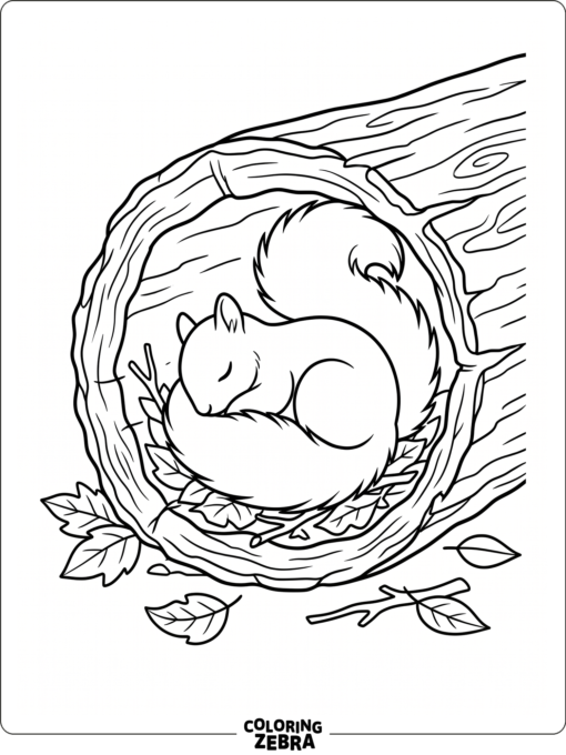 A sleeping squirrel curled in a log