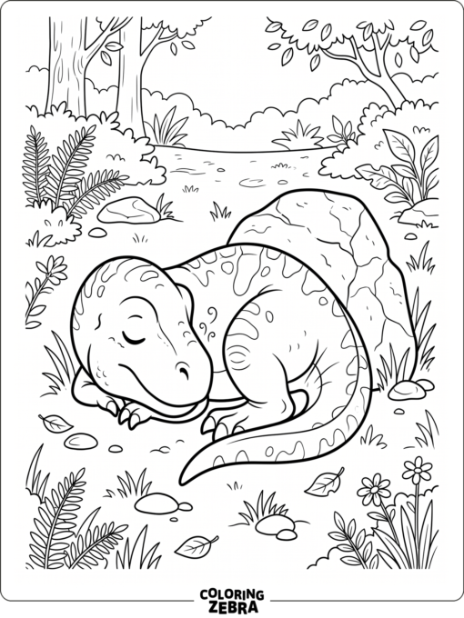 A sleeping T rex curled beside a small rock