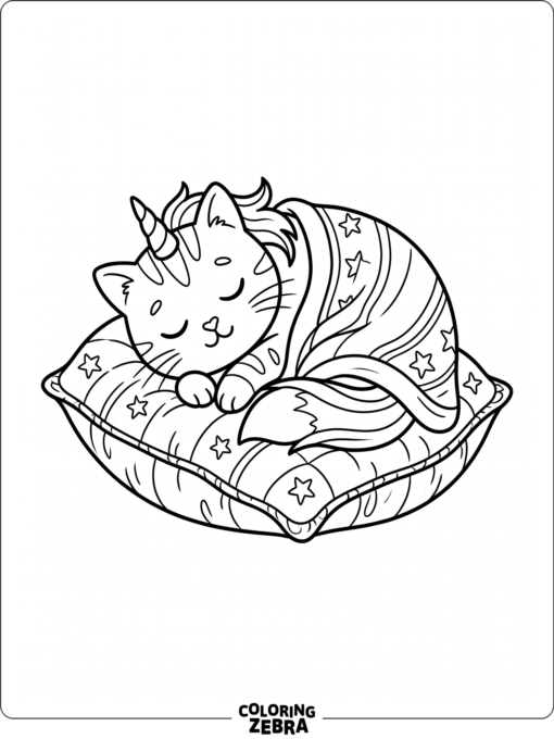 A sleeping unicorn cat curled on a pillow