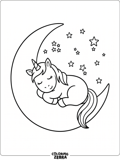 A sleeping unicorn resting on a crescent moon