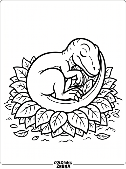 A sleeping velociraptor curled on leaves