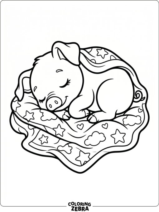 A baby piglet curled up on a blanket