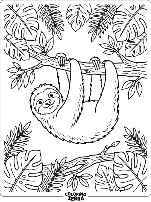 A sloth hanging from a branch among big leaves