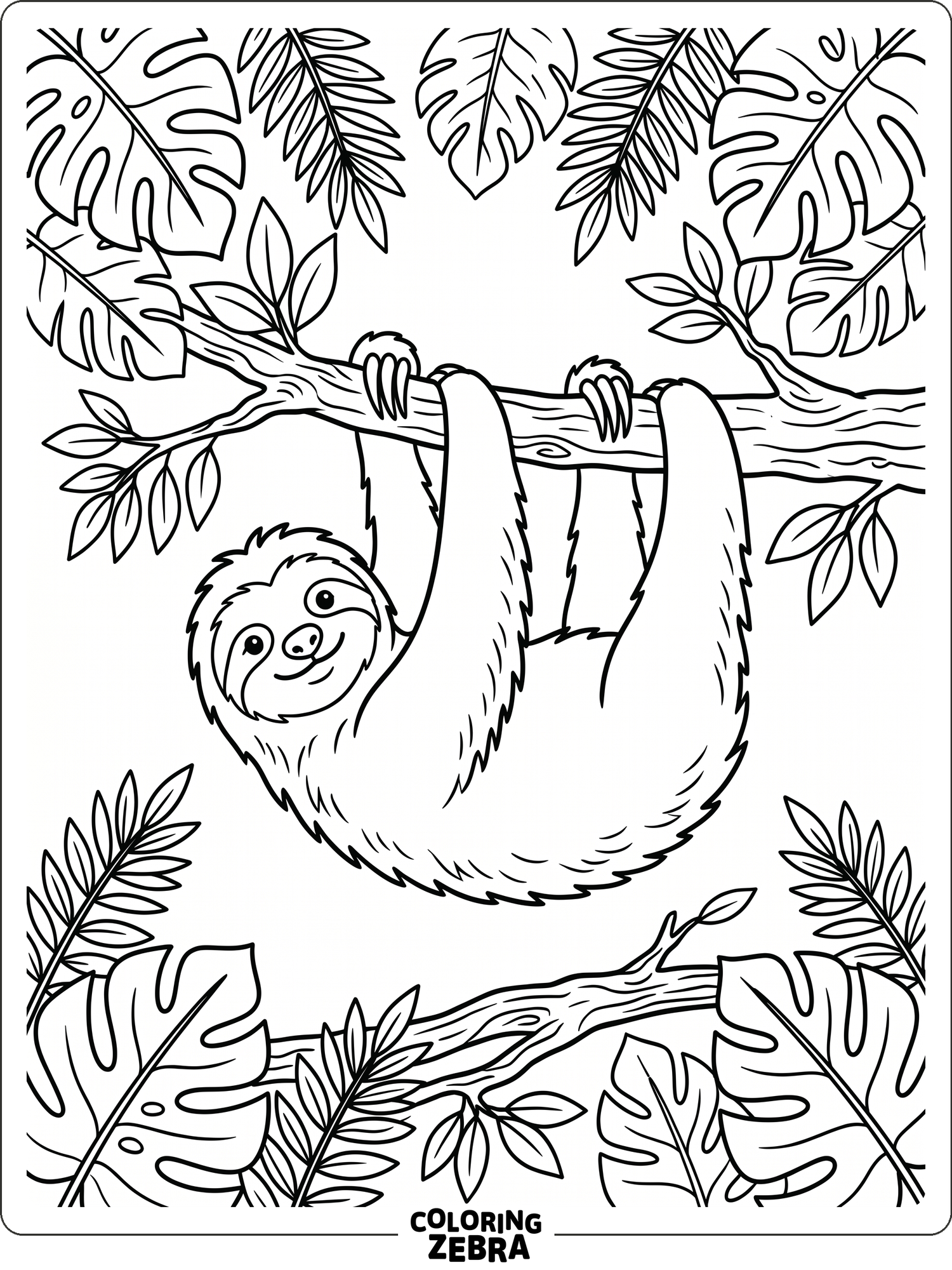 A sloth hanging from a branch among big leaves