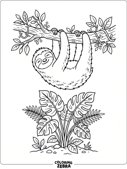 A sloth hanging from a branch above a plant