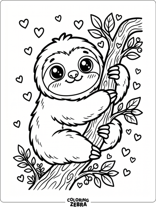 A kawaii sloth hugging a branch with hearts