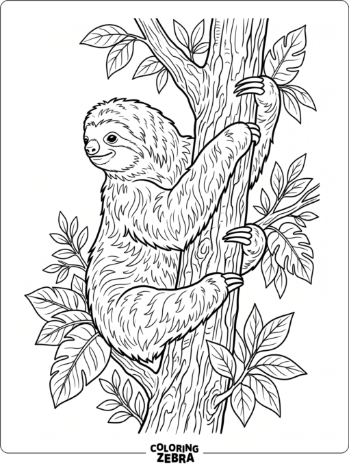 A realistic sloth climbing a tree trunk