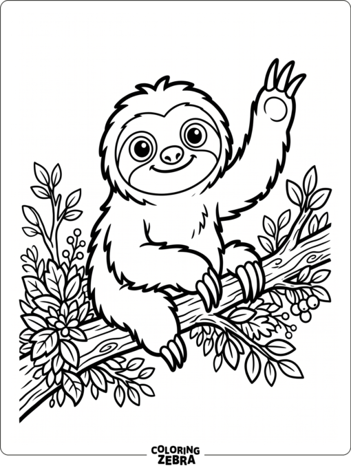 A cartoon sloth waving from a branch