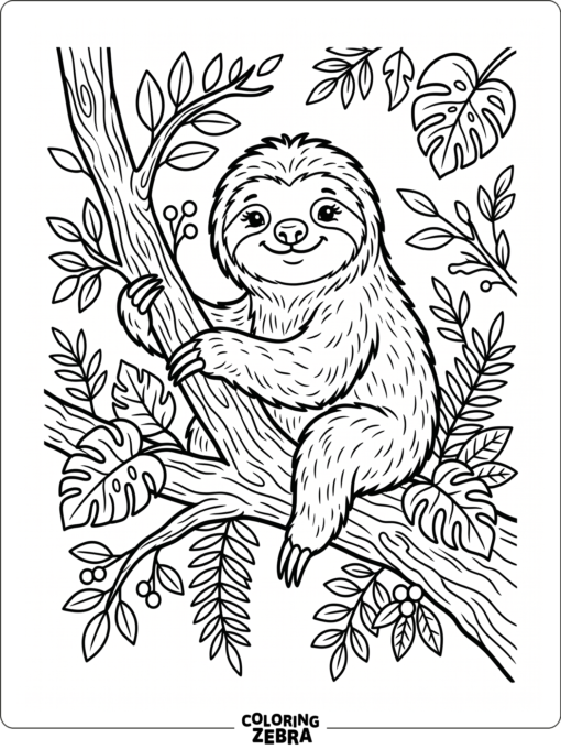 A cute sloth sitting on a branch with leaves