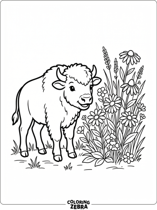 A small baby bison standing beside a patch of prairie flowers