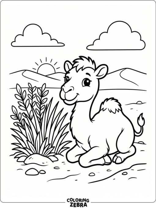 A baby camel sits near a small patch of desert grass