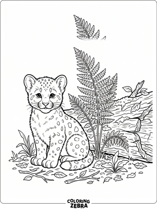 A baby cougar sitting by a fern