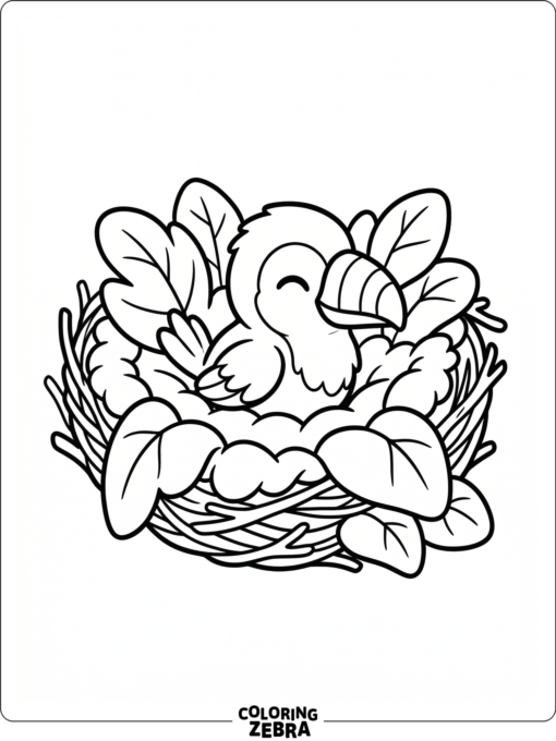 A baby toucan resting in a nest with leaves