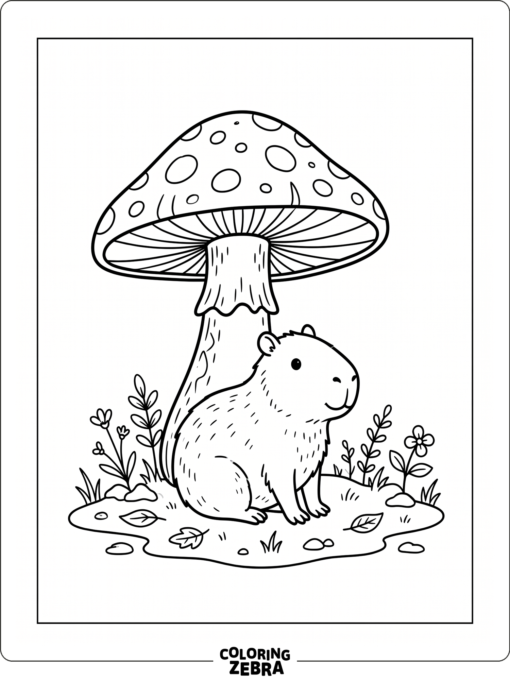 A small capybara sitting under a mushroom