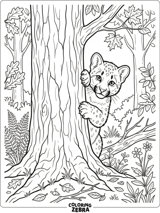 A cougar cub peeking from behind a tree