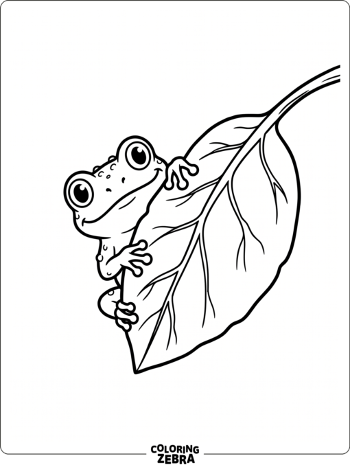 A small frog peeking from behind a leaf