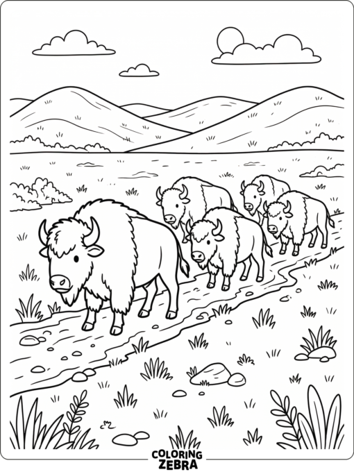 A small herd of bison crossing a plain with distant grass hills