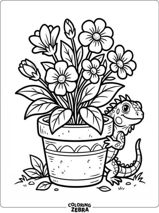 A small iguana peeking out from a flower pot