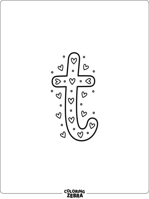 A small lowercase t with tiny hearts and dots