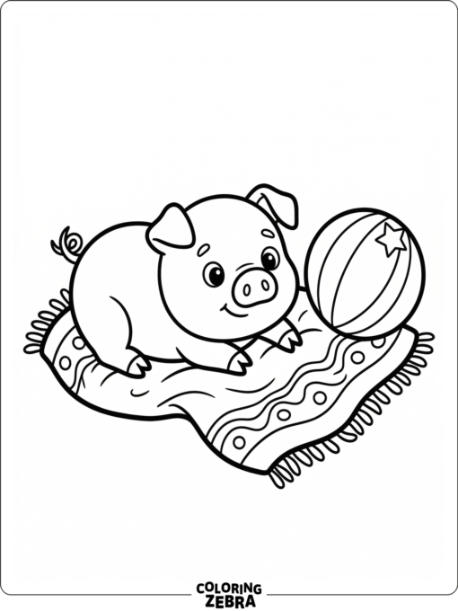 A small piglet lying on a blanket with a ball