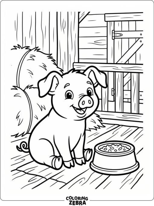 A piglet sitting next to a bowl in a barn