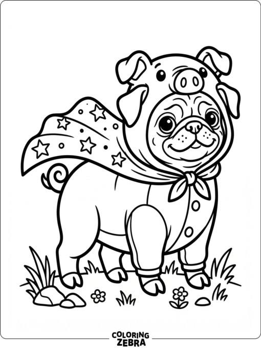A pug in a pig costume with a cape