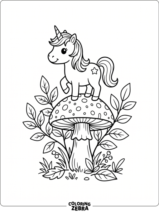 A small unicorn standing on a mushroom