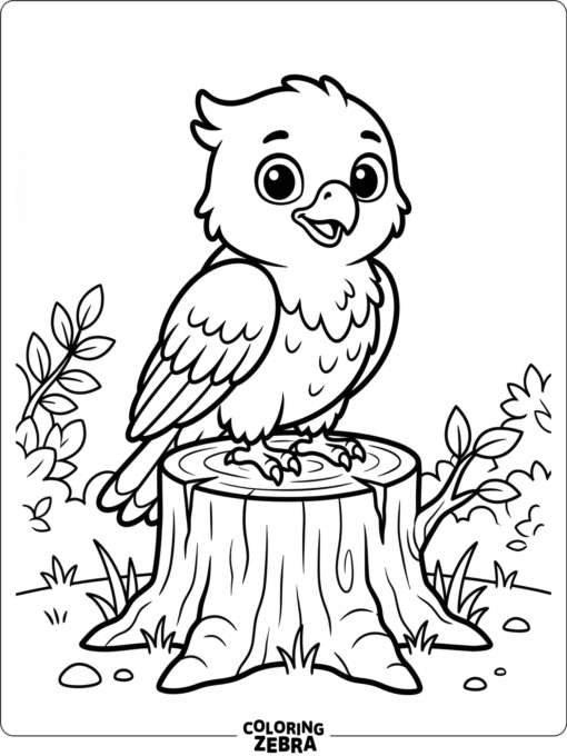 A friendly hawk sitting on a stump