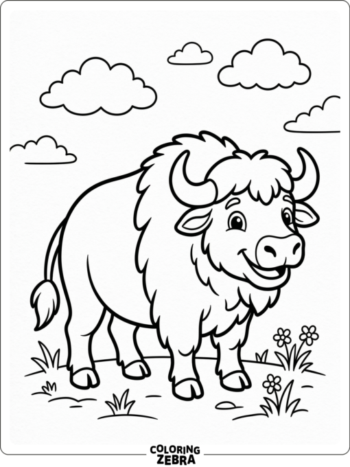 A smiling buffalo with rounded features and a few clouds