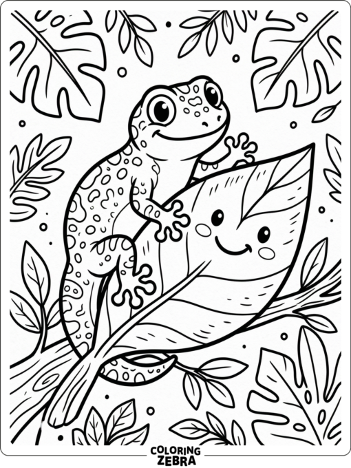 A smiling gecko sits on a leaf with a happy face