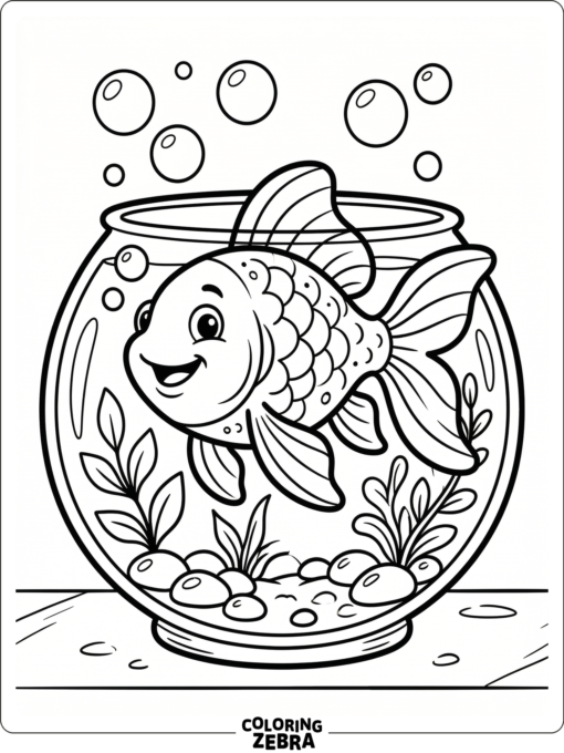 A cheerful goldfish swimming in a bowl with bubbles