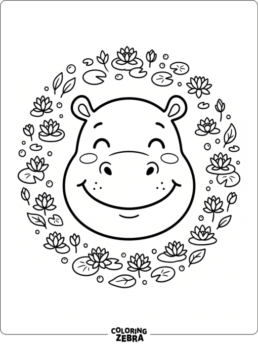 A smiling hippo face with water lilies nearby