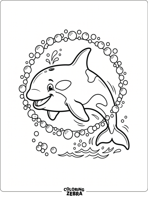 A smiling orca swimming through bubbles