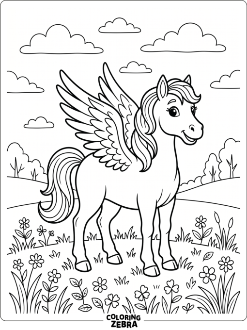 A smiling pegasus in a meadow