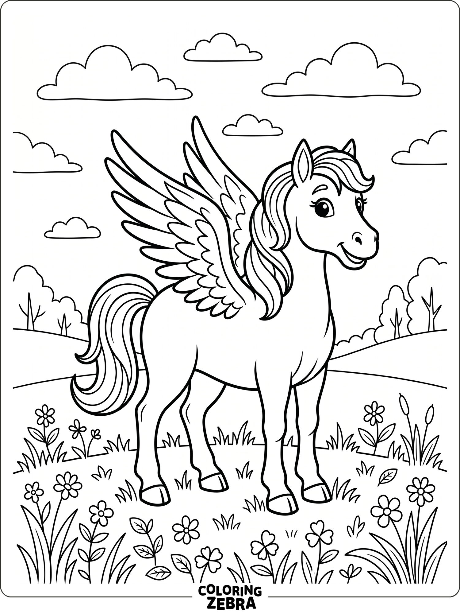 A smiling pegasus in a meadow