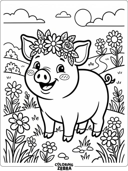 A cute pig wearing a flower crown in a meadow