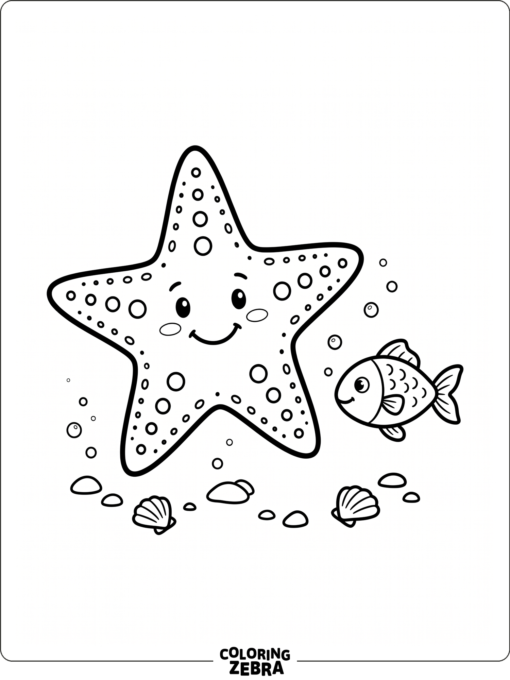 A smiling starfish with rosy cheeks and a little fish