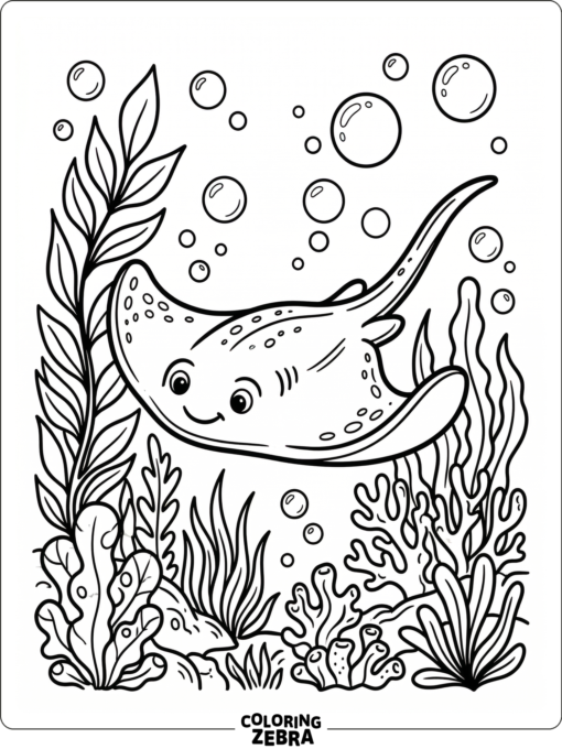 A stingray swimming through sea plants