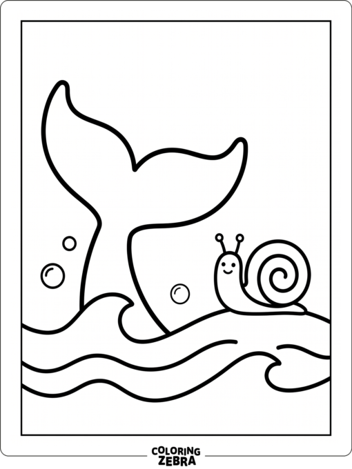 A snail beside a whale tail near ocean waves