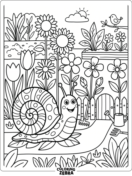A smiling snail in a garden with colored flowers
