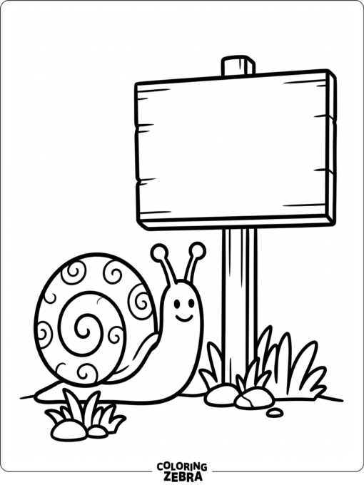 A snail next to a blank sign and grass tufts