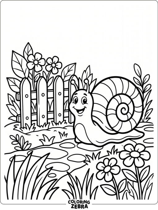 A smiling snail with a large shell near a fence