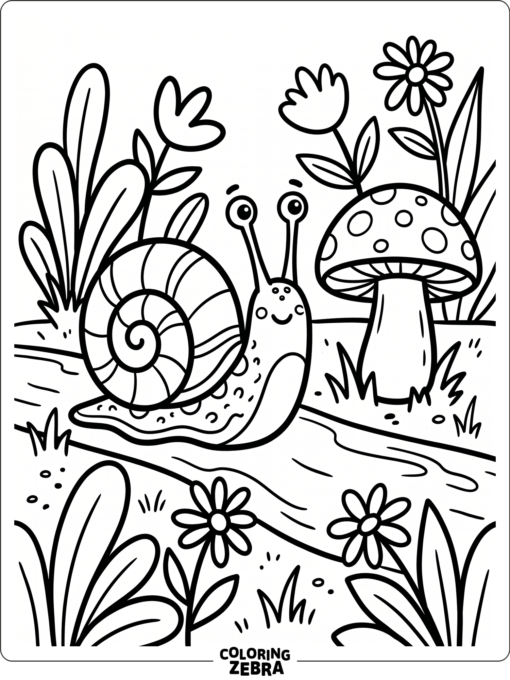 A snail crawling along a path near a mushroom