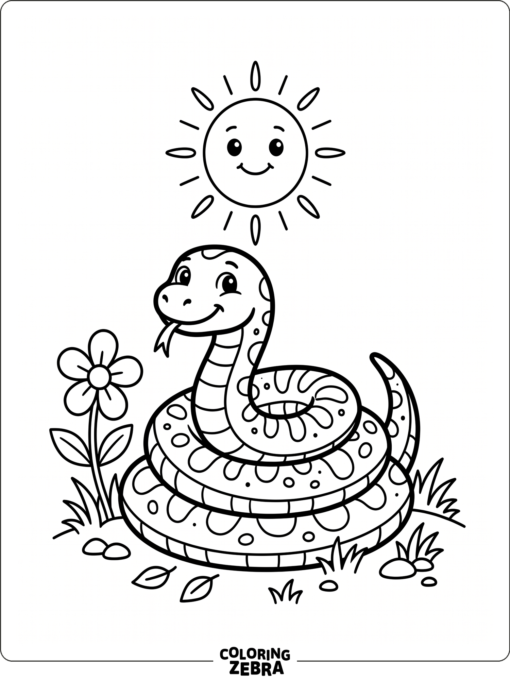 A friendly snake coiled under the sun beside a flower