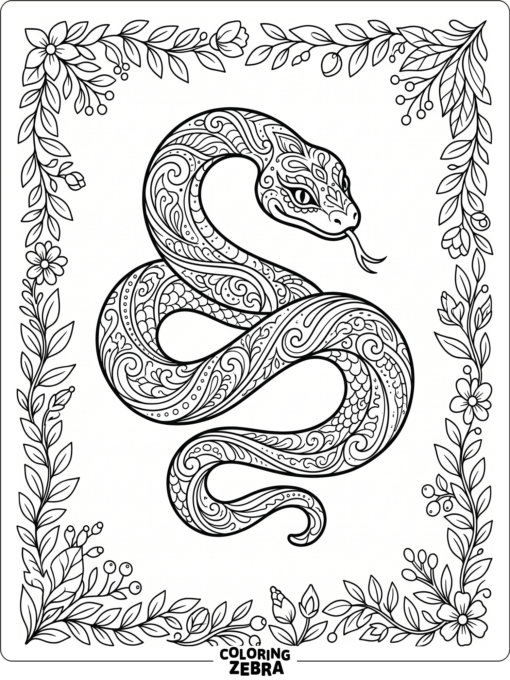 An ornate snake with flowing patterns and a leafy border