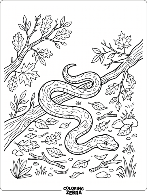 A snake outline on a forest floor with branches