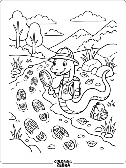 A snake near footprints and a magnifying glass