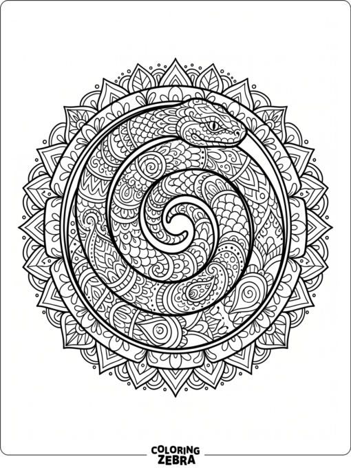 A snake inside a circular mandala design