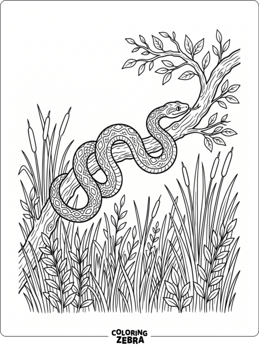 A snake outline beside tall grass and a curved branch